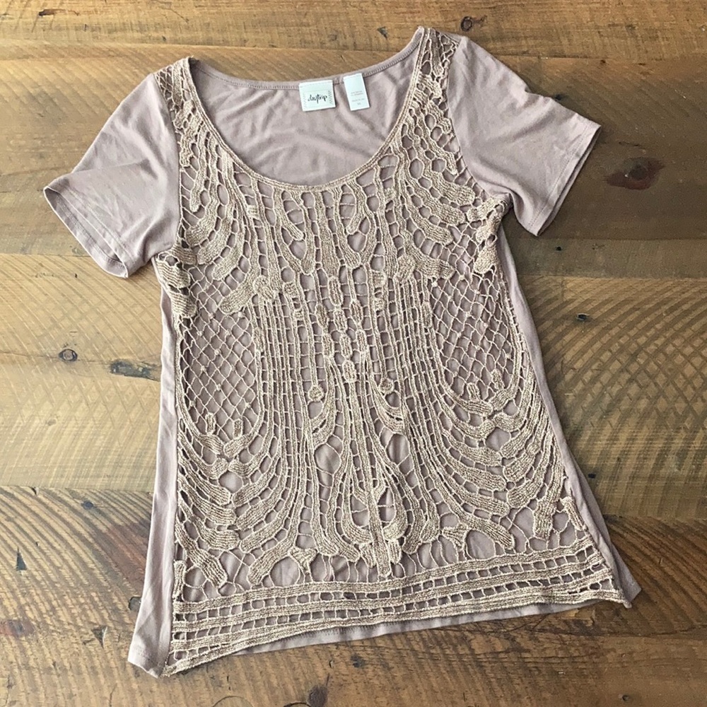 DAYTRIP Metallic Crocheted Lace Short Sleeve Tee